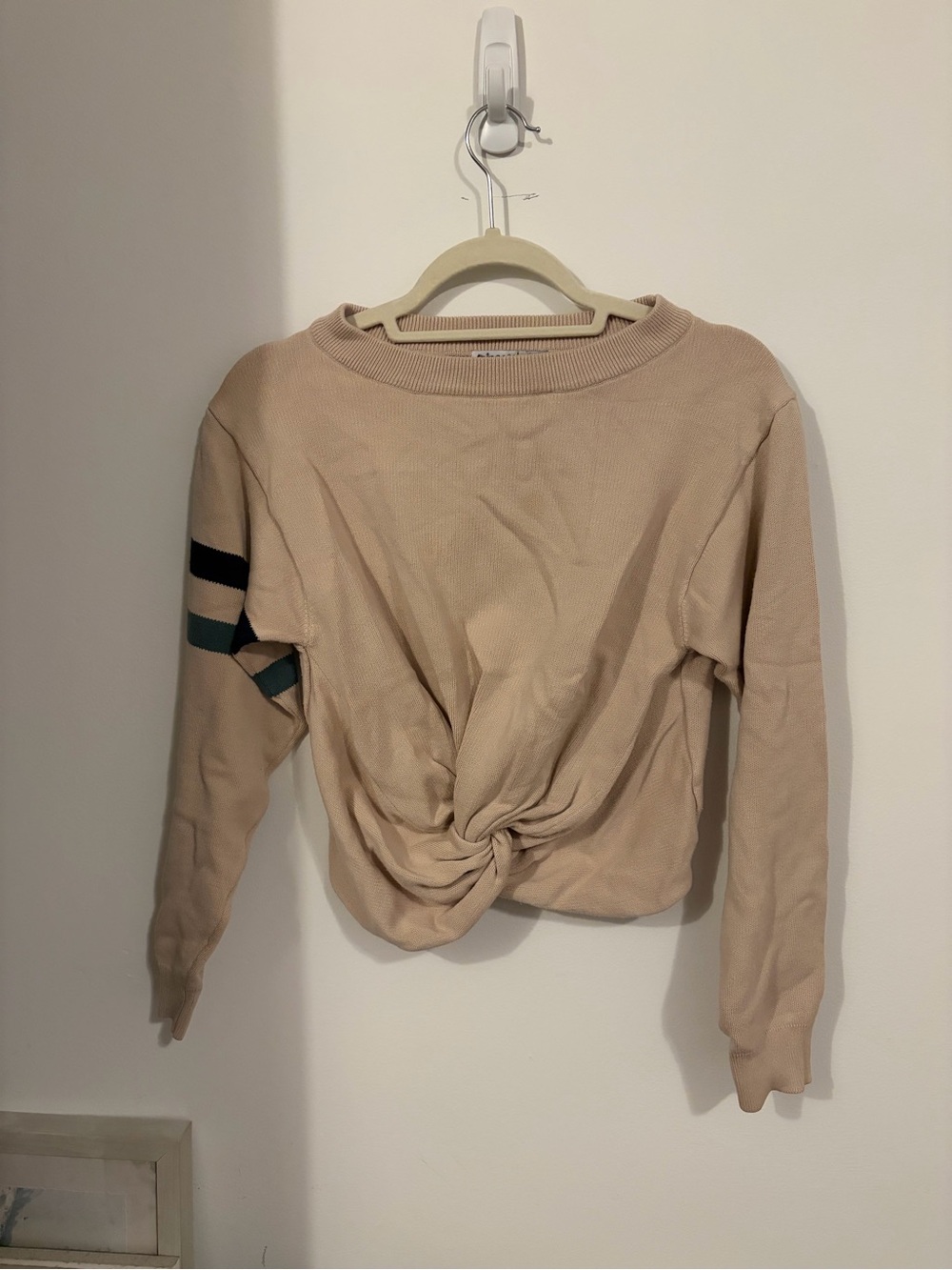 Neutral Beige Twist-Front Cropped Sweater with Side Stripes